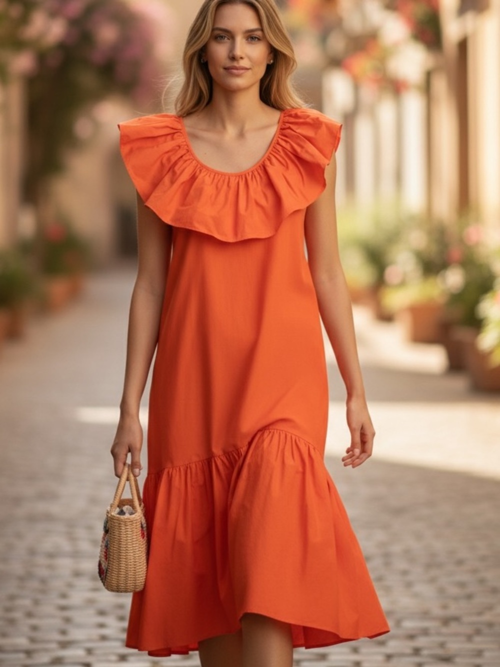 WHIT TWO Anthropologie Flouncy Ruffled Orange Midi Dress S/P EUC Pockets Cotton